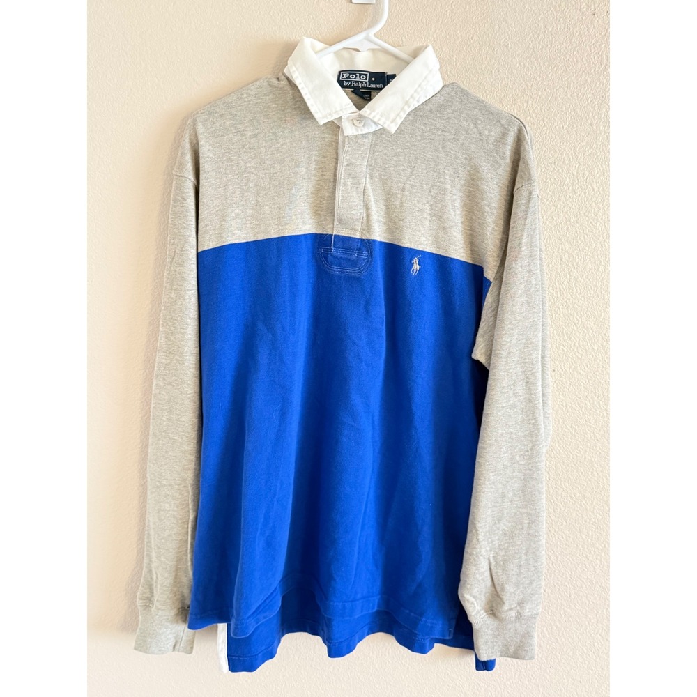 Polo Ralph Lauren Mens Rugby Shirt Medium Grey Blue Colorblock Long Sleeve Pony